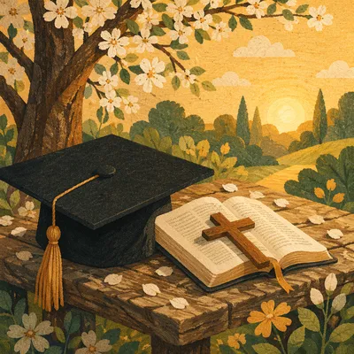 Graduation Cap Bible and Cross in Spring