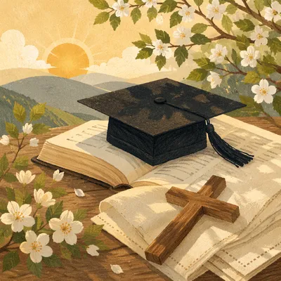 Graduation Cap on Bible with Wooden Cross