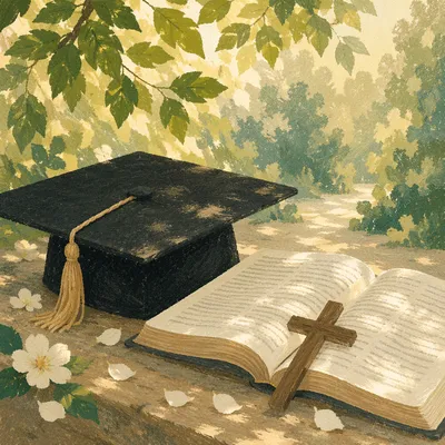 Graduation Cap with Bible and Wooden Cross