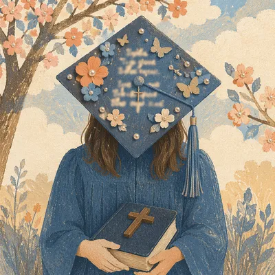Graduation Cap with Bible and Cross