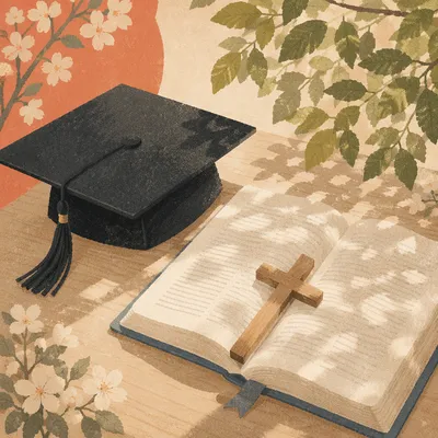 Graduation Cap Bible and Wooden Cross
