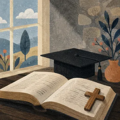 Graduation Cap Bible and Wooden Cross
