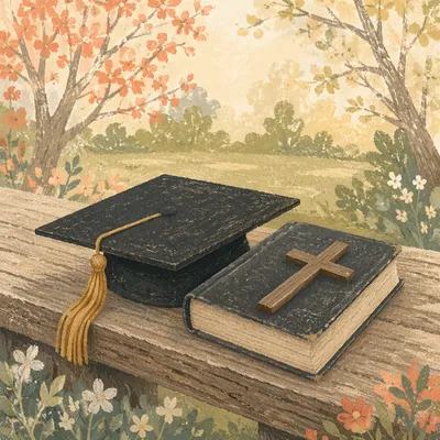 Graduation Cap Bible and Cross in Spring Garden