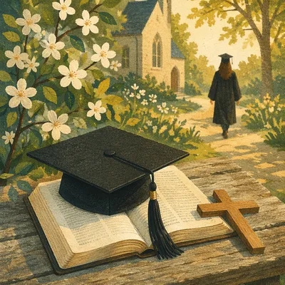 Graduation Cap on Bible in Spring Garden