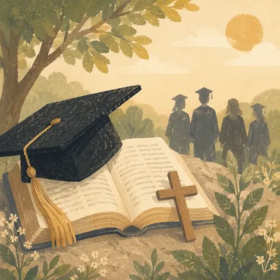 Graduation Cap Bible and Wooden Cross