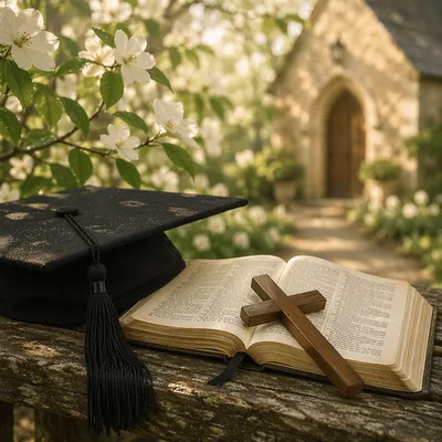 Graduation Cap Bible and Cross in Spring Garden