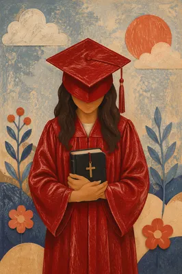 Graduate Holding Bible and Cross Charm