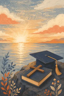 Christian Graduation Cap Bible and Cross at Sunset