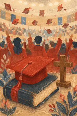 Red Graduation Cap on Bible with Cross