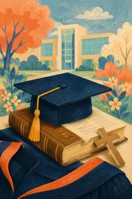 Graduation Cap with Bible and Wooden Cross