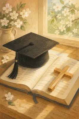 Graduation Cap on Bible with Wooden Cross