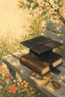 Graduation Cap with Bible and Wooden Cross