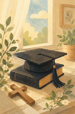 Graduation Cap on Bible with Cross