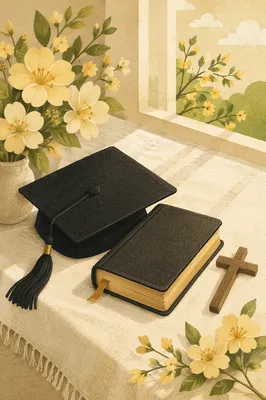 Graduation Cap Bible and Cross Still Life