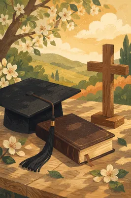 Graduation Cap Bible and Cross in Spring