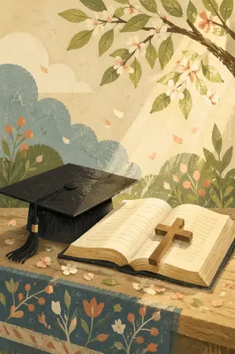 Graduation Cap Bible and Cross in Spring