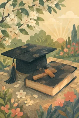 Graduation Cap Bible and Wooden Cross