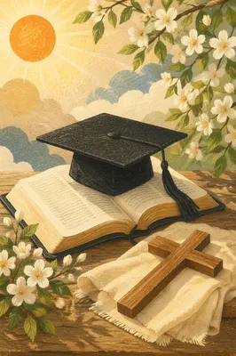 Graduation Cap on Bible with Wooden Cross