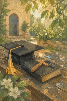 Graduation Cap Bible and Cross in Spring
