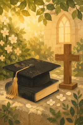 Graduation Cap Bible and Cross in Spring