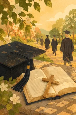Graduation Cap Bible and Wooden Cross