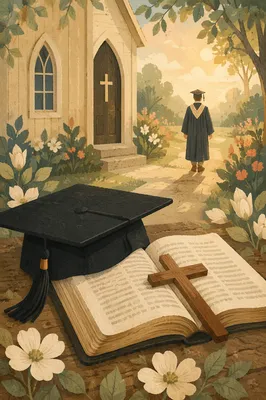 Graduation Cap with Bible and Wooden Cross