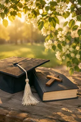Graduation Cap Bible and Cross in Spring