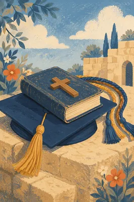Graduation Cap Bible and Wooden Cross