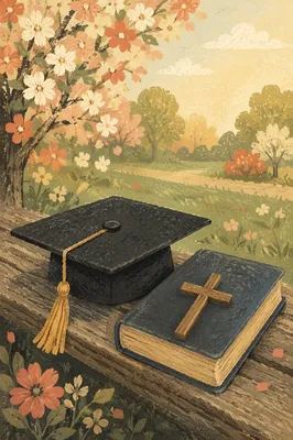 Graduation Cap Bible and Wooden Cross