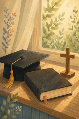Graduation Cap Bible and Wooden Cross