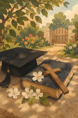 Graduation Cap Bible and Wooden Cross
