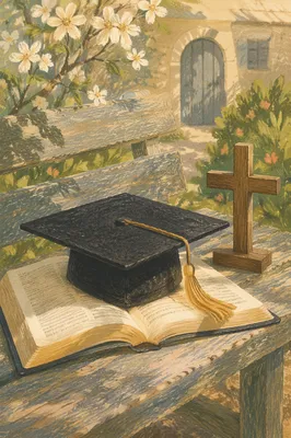Graduation Cap on Bible with Wooden Cross