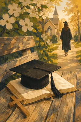 Graduation Cap on Bible with Wooden Cross