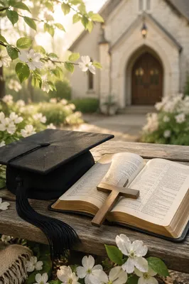 Graduation Cap Bible and Cross in Spring Garden