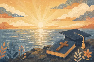 Graduation Cap Bible and Cross at Sunset