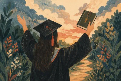 Christian Graduate Celebrating with Bible and Cross