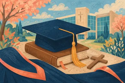 Graduation Cap, Bible and Cross on Campus