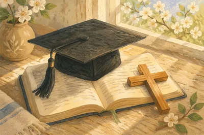 Graduation Cap on Bible with Wooden Cross