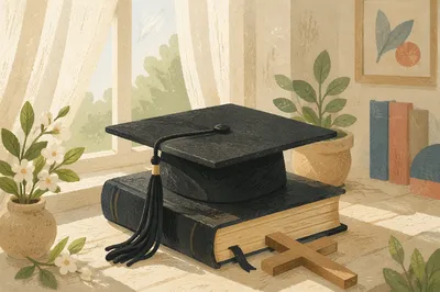 Graduation Cap on Bible with Wooden Cross