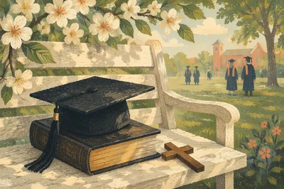Graduation Cap on Bible with Wooden Cross