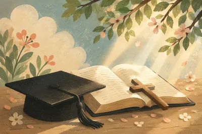 Graduation Cap Bible and Cross in Spring