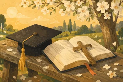 Graduation Cap Bible and Cross in Spring