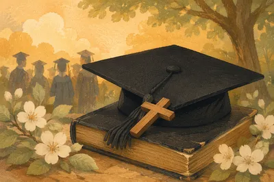 Graduation Cap Bible and Cross in Spring