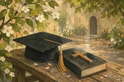 Graduation Cap Bible and Cross in Spring