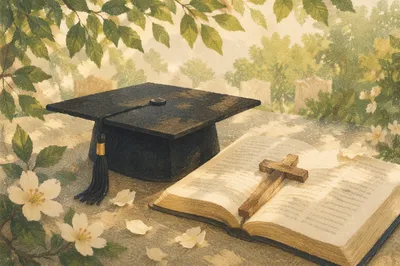 Graduation Cap Bible and Wooden Cross