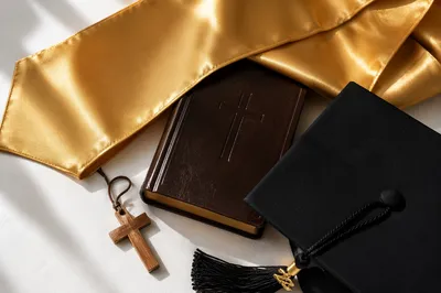 Christian Graduation Cap Bible Cross Flat Lay