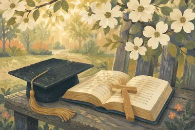 Graduation Cap Bible and Cross in Spring