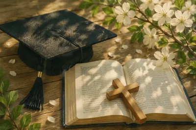 Graduation Cap Bible and Cross in Spring