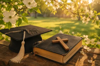 Graduation Cap Bible and Wooden Cross