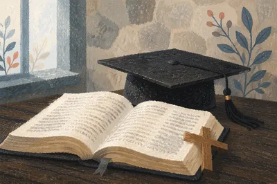 Graduation Cap with Bible and Wooden Cross